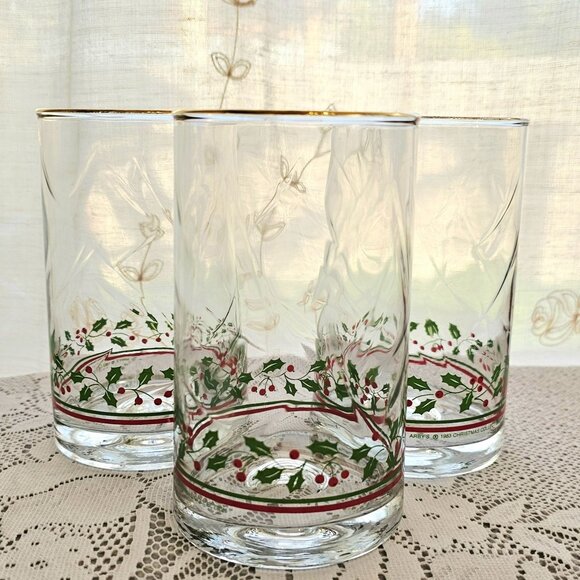 3 Arbys Christmas Holly Berry Ice Tea Glasses 5-1/4" gold rim green red 1980s - Picture 8 of 9